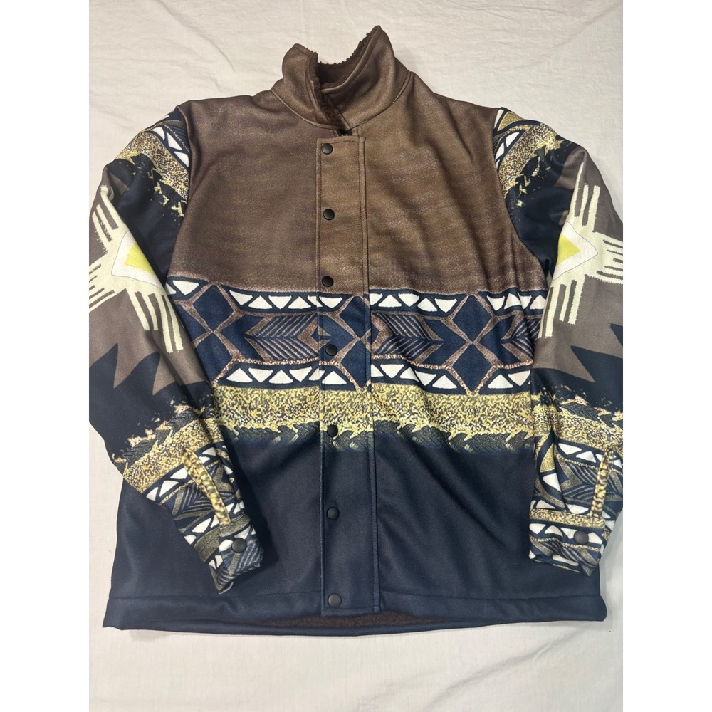 Southwestern Aztec Tribal Pattern Faux Shearling Lined Snap Front Jacket M
